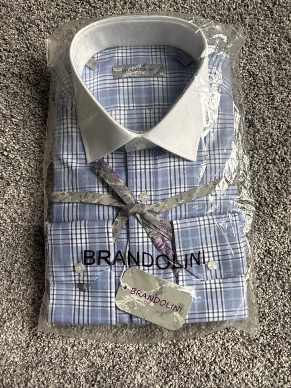 Brandolini Men’s Blue Plaid Dress Shirt with White Contrast Collar